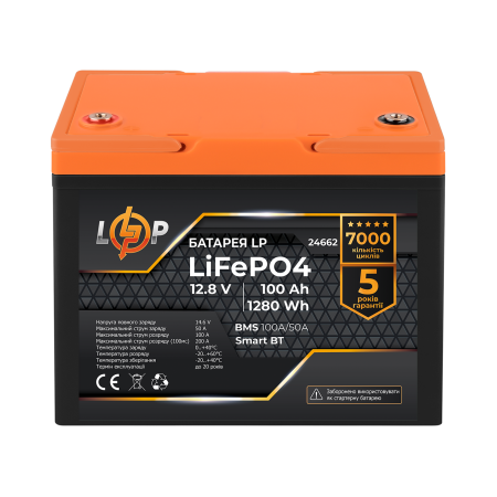Аккумулятор LP LiFePO4 12,8V - 100 Ah (1280Wh) (BMS 100A/50А) пластик Smart BT (LP24662)