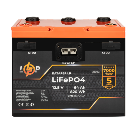 Аккумулятор LP LiFePO4 12,8V - 64 Ah (820Wh) (BMS 80A/40А) пластик 2XT90 4USB стартер (LP25302)